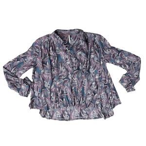 Free People Purple Blue Floral Paisley Collared Fabric Button Front Blouse Sz S